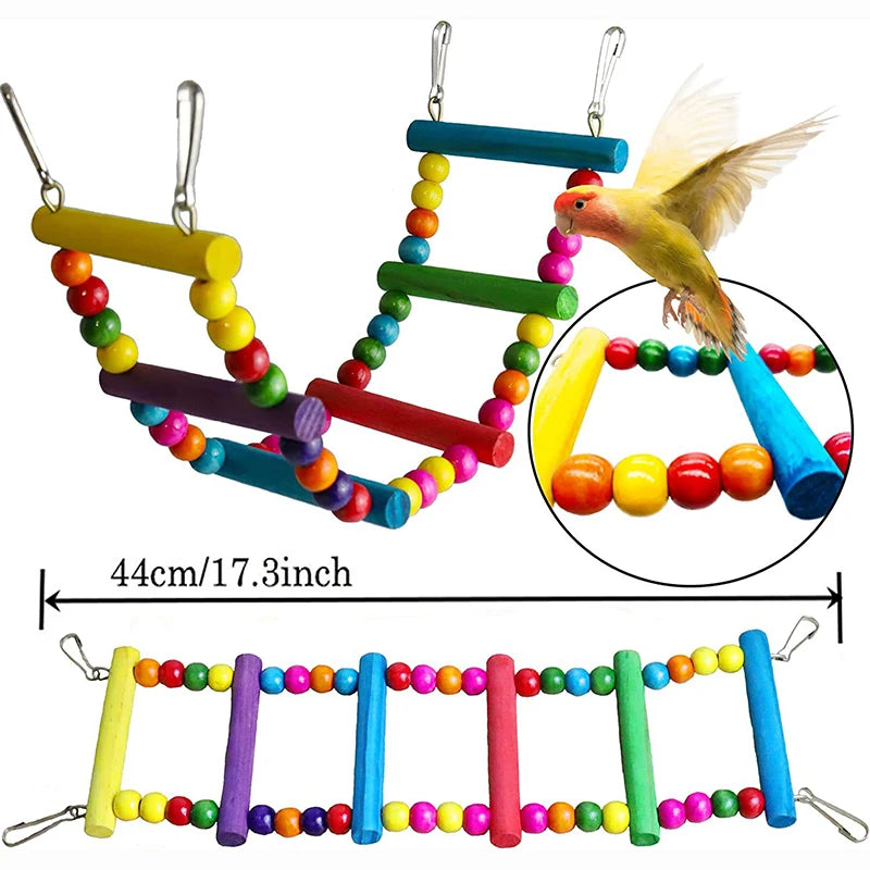7pcs Pack Wood Parrot Toys Bird Toy Cage Bird Accessories Swing Suspension Bridge Ball Cage Bells Pet Supplies Set