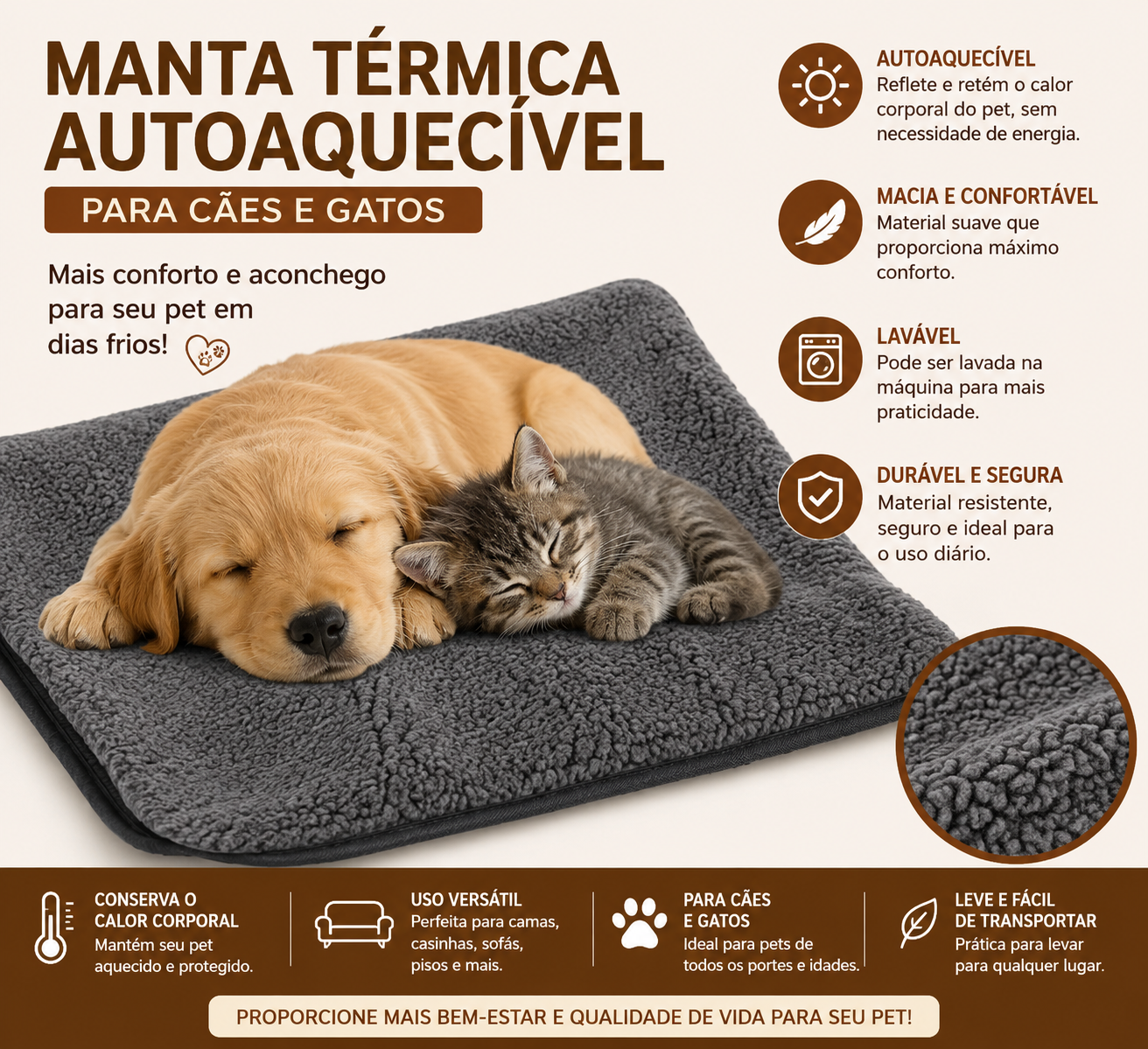 Manta Térmica Autoaquecível para Cães e Gatos